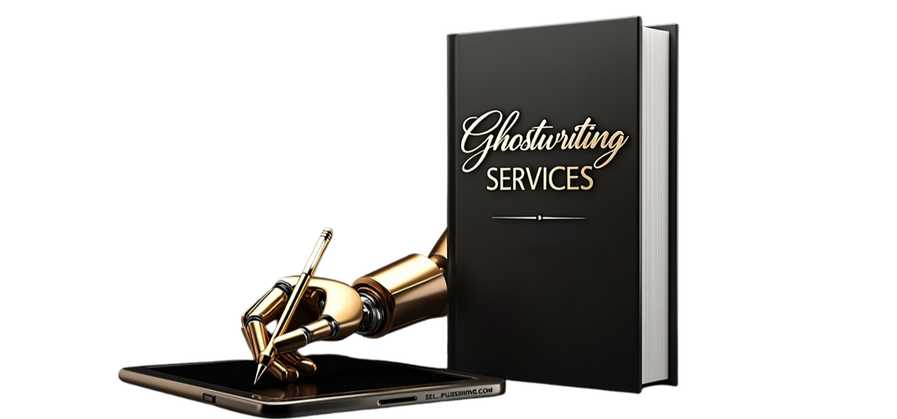 A professional ghostwriter typing on a laptop, with a stack of books beside them.